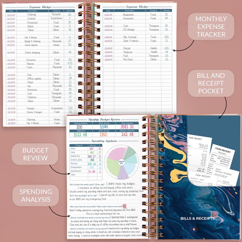 GoGirl Budget Planner & Monthly Bill Organizer â€“ Monthly Financial Book with Pockets. Expense Tracker Notebook Journal, Compact (Rose Gold) - Image 4